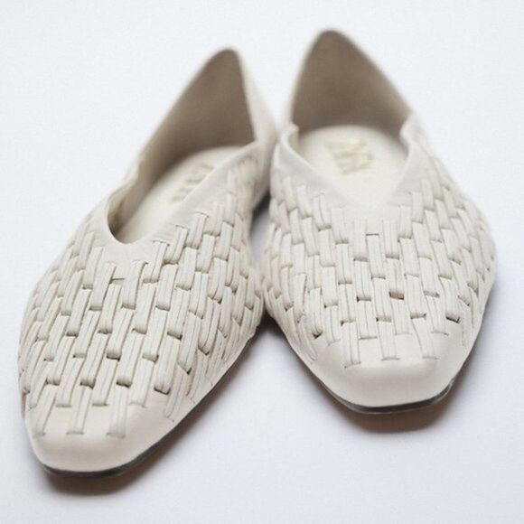 ZARA LOW HEEL WOVEN LEATHER SHOES Beige - Picture 5 of 10